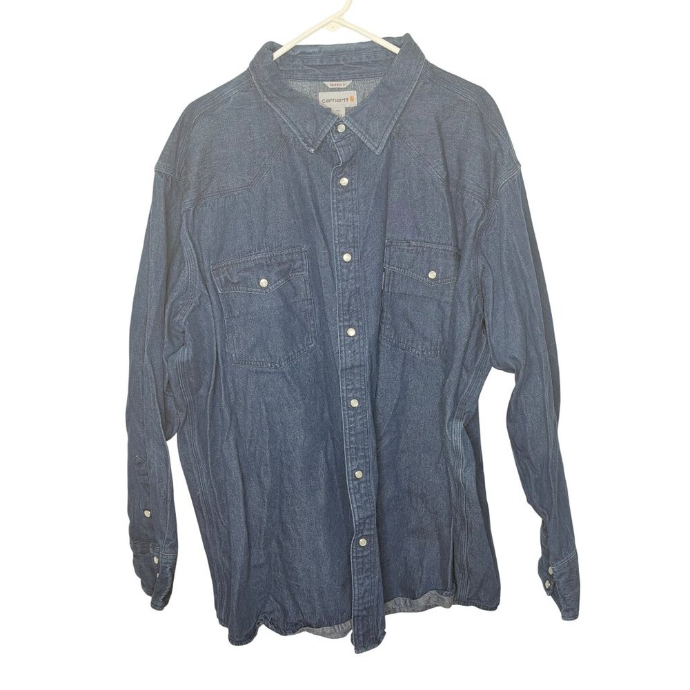 Carhartt Button Down Denim Pearl Snap‎ Shirt Mens 4XL Blue Relaxed Fit Heavy
